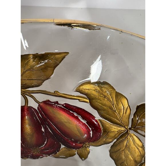 Vintage Glass Intaglio Plate Dish Goofus Glass Ruffled Gold Rim Red Fruit 10.5" - Picture 15 of 16